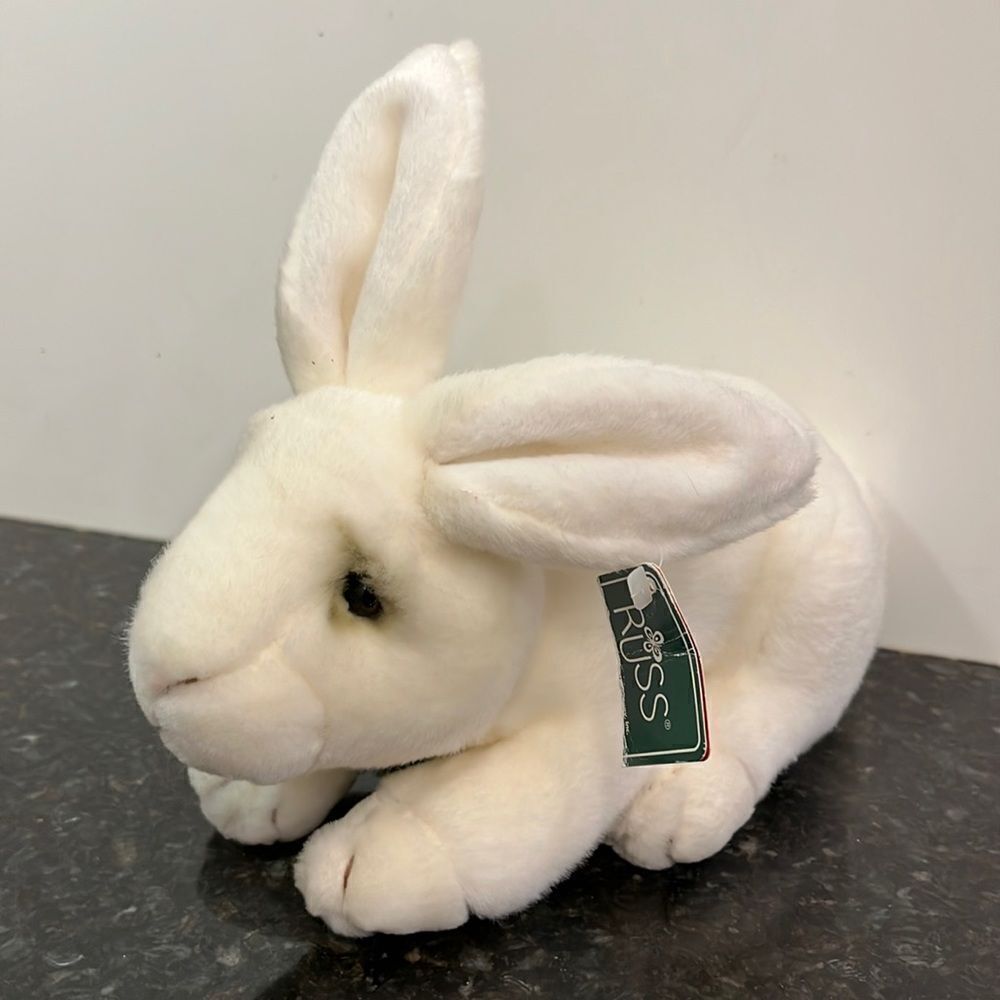 Vintage Russ Berrie Cooper Bunny Long Eared Rabbit White Soft Plush Stuffed Toy.